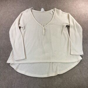 Sunday Morning Waffle Knit Henley Top Cream Long Sleeve High Low V-Neck Small